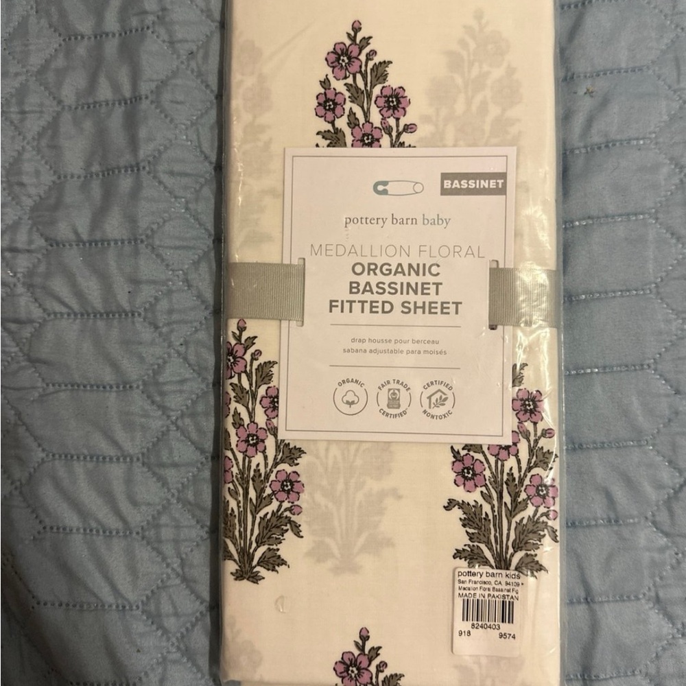 Pottery Barn Medallion Floral Organic Bassinet Fitted Sheet - White and Purple